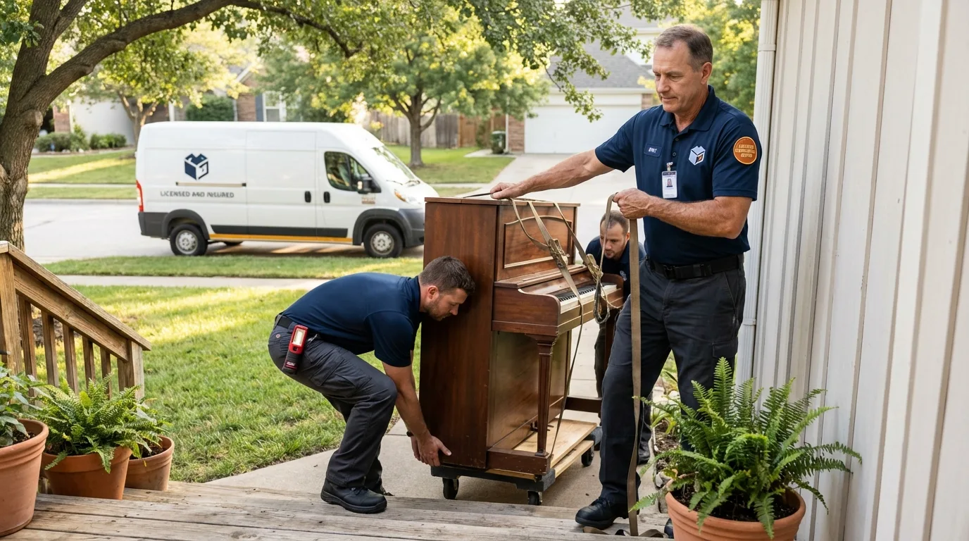 Licensed piano movers securing grand piano in Eagle River, AK