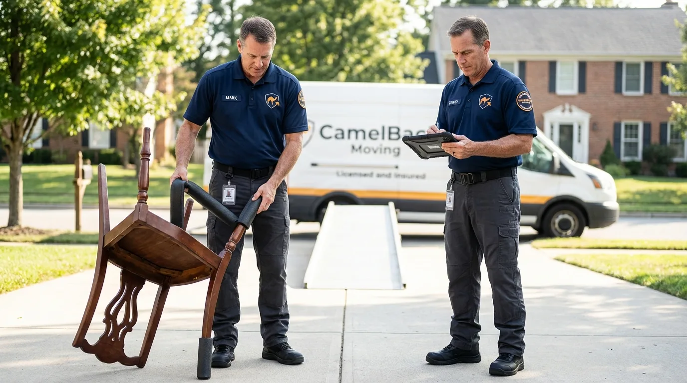 Movers inspecting furniture for damage prevention before loading in Eagle River, AK