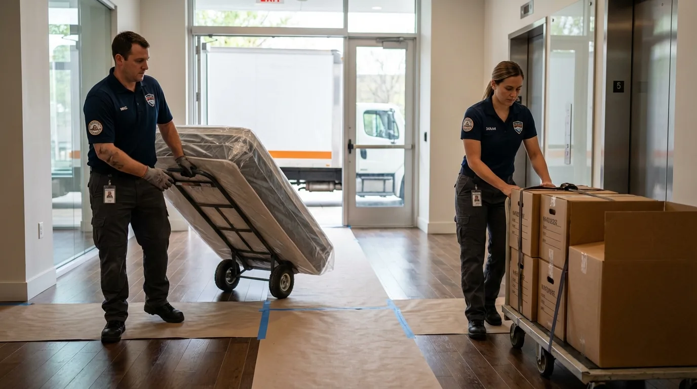Professional apartment movers loading elevator in Eagle River, AK
