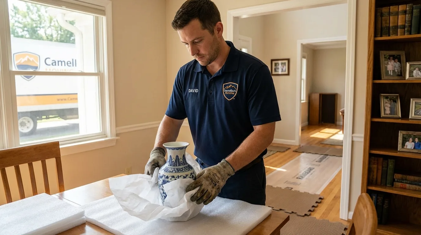 Professional crew carefully wrapping antique vase for senior downsizing move in Eagle River, AK